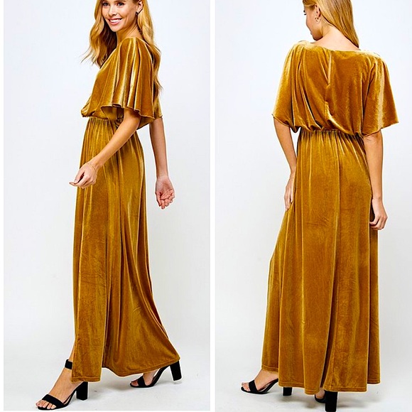 Gold Velvet Caped Flutter Sleeve Formal Maxi Dress - Picture 3 of 3